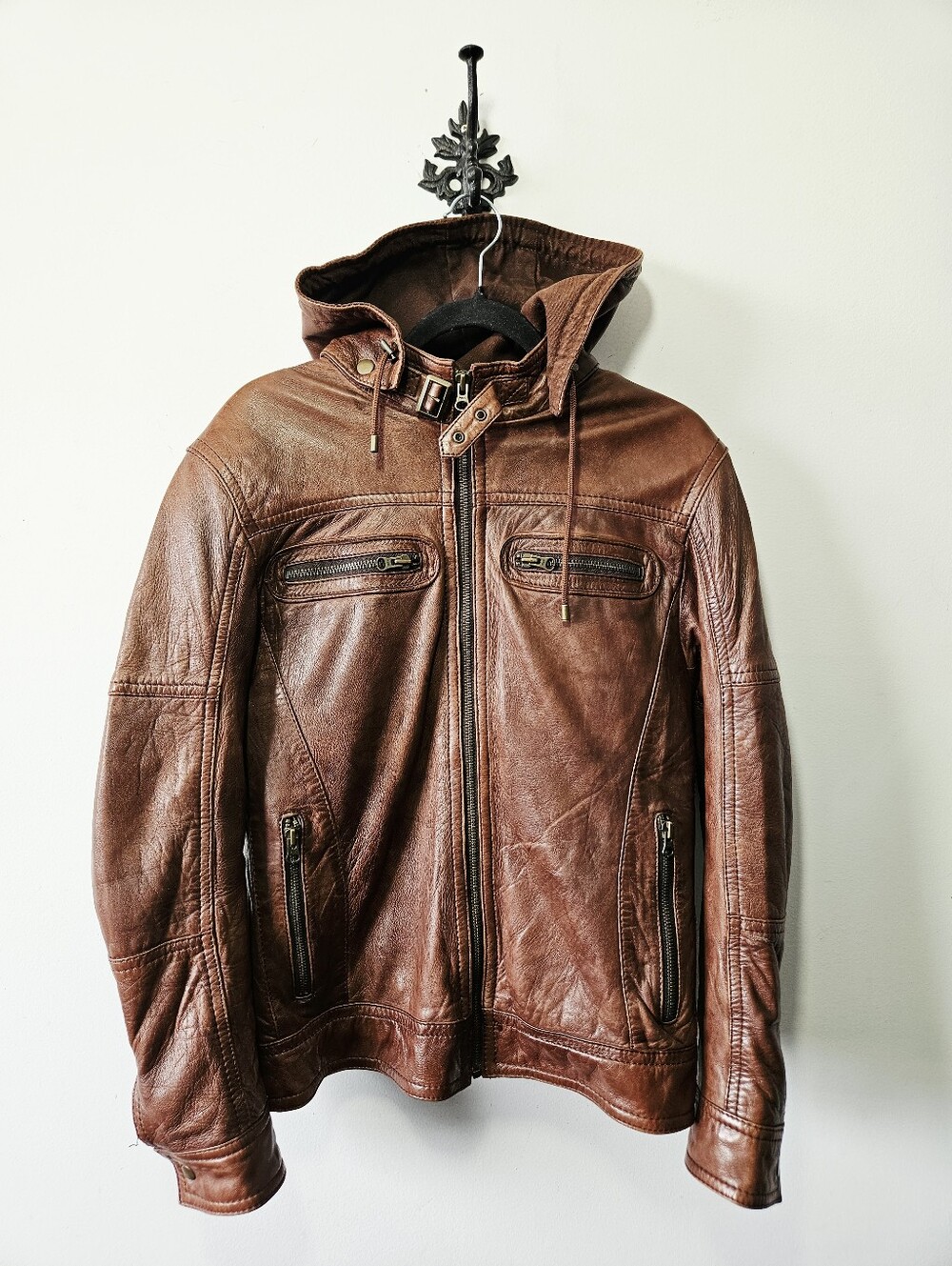 Danier Brown Leather Hooded Moto Jacket Size XS Full Zip EUC